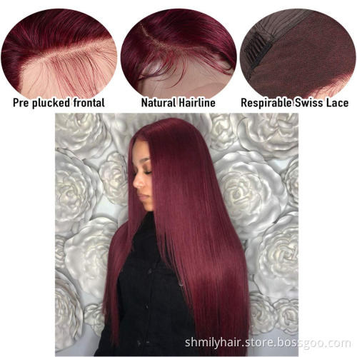 Red Color 99J# Color Human Wig With Transparent Lace Wigs Long And Straight Brazilian Hair With Lace front wig Factory Support